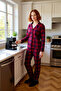 Women's Red Plaid Shirt Collar Pajama Set Soft Textured Functional Durable Aesthetic - 2