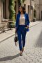 Blue Shawl Collar Fold-Up Leopard Lined Sleeve Single Button Jacket and Carrot Pants Suit