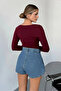 Burgundy V-Neck Finger Insert Detail Buzzy Fabric Slim Fit Body-Blouse - 7