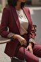 Burgundy Shawl Collar Folded Leopard Lined Sleeve Single Button Jacket Carrot Pants Suit - 5