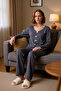 Women's Anthracite V-Neck Lace Bow Detailed Corded Fabric Knitted Pajama Set Functional Aesthetic