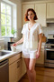 Women's Muslin Woven Shirt Shorts Pajama Set Floral Embroidered Functional Durable Quality - 2