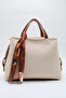 Women's Cream Tan Large Size Inner Pocket Double Handle Scarf Detailed Useful Cross Strap Hand and Shoulder Bag - 2