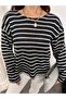 Women's Crew Neck Striped Oversized Knitwear Sweater 8955 - Navy Blue - 2