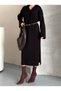 Long Polo V-Neck Ribbed Slit Detail Winter Knit Dress - 4