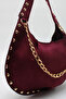 Women's Burgundy Suede Handbag with Studded Detail and Chain Accessory - 3