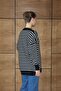 25034 Women's Oversized Striped Balloon Sleeve Long Sweater Black - 3