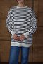 25034 Women's Oversized Striped Balloon Sleeve Long Sweater Navy Blue - 6