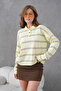 Women's Polo Neck Half Placket Button Closure Striped Knit Sweater