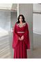 Red Stone Embroidered Tulle Cape Evening Dress - 4