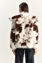 Women's Bone Brown Cow Patterned Lined Faux Fur Jacket 3489 60283866 - 8