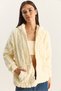 Women's Cream Self-Patterned Pocket Detailed Zippered Hooded Plush Cardigan 4116 60283844 - 2