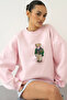 Women's Oversize Sweatshirt with Bear Print in Pink – Crew Neck, 3 Thread Ribs - 3