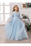 Blue Mesh Lace Detail Balloon Sleeve Dress - 4