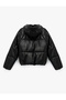 Hooded Crop Faux Leather Puffer Coat with Zipper Long Sleeves and Pockets - 4