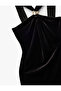 Sleeveless Halter Neck Metal Accessories Long Velvet Dress - 4