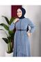 Women's Buttoned Belted Denim Blue Dress - 4