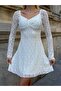 Long Sleeve Sweetheart Neckline Gathered Bust Lined Flared Hem Lace Mini Dress - 4