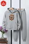 3 İplik Ş Fleece-Lined Boys' Tracksuit Set with Kangaroo Pocket and Basketball Print Detail