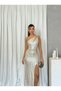 One Sleeve Sequin Long Length Lined Slit Special Occasion Women's Crystal Dress - 4