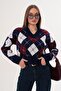 Women's V-Neck Baklava Pattern Knitwear Knitted Sweater 255189 - - 3