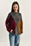 Women's Anthracite Claret Red Diamond Patterned Sweater 20251095 - 3