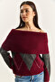 Women's Burgundy Anthracite Madonna Collar Diamond Patterned Knitwear Sweater 20251082