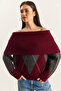 Women's Burgundy Anthracite Madonna Collar Diamond Patterned Knitwear Sweater 20251082 - 3
