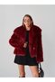 Women's Premium Quality Shawl Collar Snap Detail Faux Fur Coat Claret Red - 3