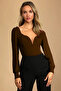 Women's Coffee Cuffed Long Balloon Sleeve Heart V Neck Low Back Double Layer Silk Jersey Bodysuit