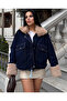 Women's Oversized Sleeves and Inside Fully Covered with Brown Fur Navy Blue Denim Coat - 2