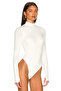 Women's White Turtleneck Finger-Looped Long Sleeve Double-Layer Silk Jersey Bodysuit with Snap Buttons at the Bottom - 2