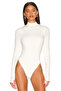 Women's White Turtleneck Finger-Looped Long Sleeve Double-Layer Silk Jersey Bodysuit with Snap Buttons at the Bottom