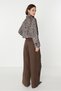 Button Detailed Wide Leg Brown Trousers - 6