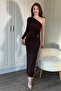 Draped Maxi Brown Dress with One Shoulder Waist Accessory Detail - 3