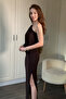 Draped Maxi Brown Dress with One Shoulder Waist Accessory Detail - 4
