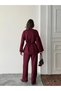 Women's Burgundy Stone Embroidered Waist Tie Detailed Blouse Pants Bottom Top Two Piece Set - 4
