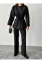 Women's Black Stone Embroidered Waist Tie Detailed Blouse Pants Bottom Top Two-Piece Set - 2