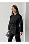 Women's Black Stone Embroidered Waist Tie Detailed Blouse Pants Bottom Top Two-Piece Set - 4