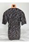 Women's Gray Brown U-Neck Short Sleeve Patterned Slit Woven Viscose Mother Combed Cotton T-Shirt - 3