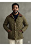 Men's Khaki Regular Fit Premium High Quality Snap Closure Gabardine Quilted Coat with Collar Detail - 3