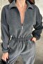 Mock Neck Zip-Up Loose Fit Fleece Warm Long Sleeve Jumpsuit - 3