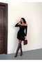 Women's Clothing Black Color Boat Neck Detailed Skirt Layered Ruffled Sandy Fabric Mini Dress. - 7