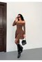 Women's Clothing Brown Boat Neck Detailed Skirt Layered Ruffled Sandy Fabric Mini Dress. - 7