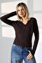 Buttoned V-Neck Long Sleeve Cotton Basic Women's T-Shirt 21926 Brown