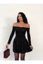 Women's Clothing Black Color Boat Neck Detailed Skirt Layered Ruffled Sandy Fabric Mini Dress. - 4