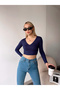 Women's Dark Blue V-Neck Soft Fabric Crop Blouse - 5