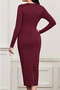 Burgundy Round Neck Long Sleeve Brooch Detail Draped Asymmetric Crepe Fabric Dress - 2