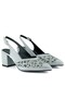 Estelle Silver Satin Stone Mesh Pointed Toe Thick Heeled Open Back Evening Dress Shoes - 4