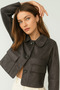 Women's Smoked Cap Sleeves Patch Pocket Shirt Collar Buttoned Suede Jacket - 5